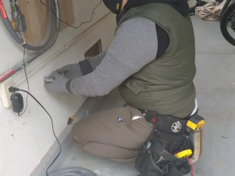 Electrician performing outlet wiring in a Rostraver garage